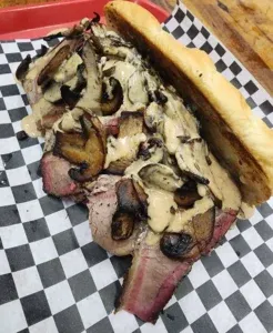 Thnin Sliced Brisket Mushroom With Garlic Aoli Steak Sauce Rogerthat.com © 2025